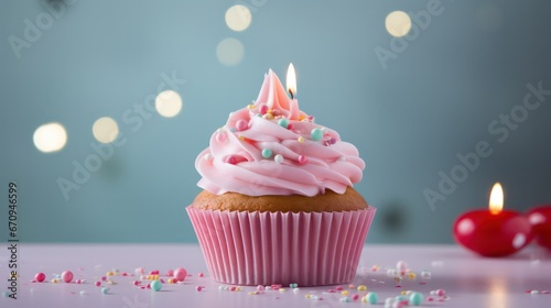 Indulge in the delight of a scrumptious birthday cupcake elegantly displayed on a table against a soft  light background.