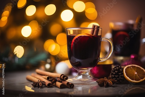 Christmas Mulled Wine with orange and cinnamon on background with blurred Christmas tree