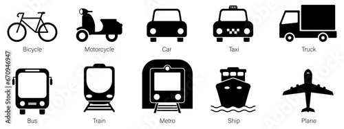 Set of transport icons on white background. Transport signs. Vector elements.