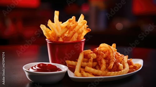 An AI illustration of french fries and ketchup sit on a plate at a restaurant