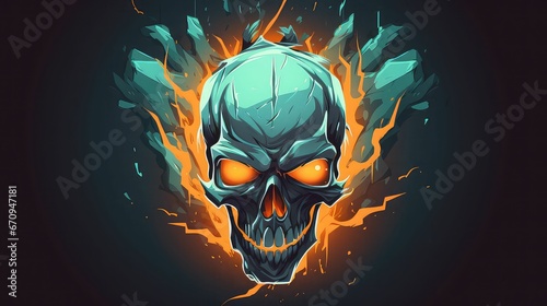 a skull on a dark background with orange flames in the head photo