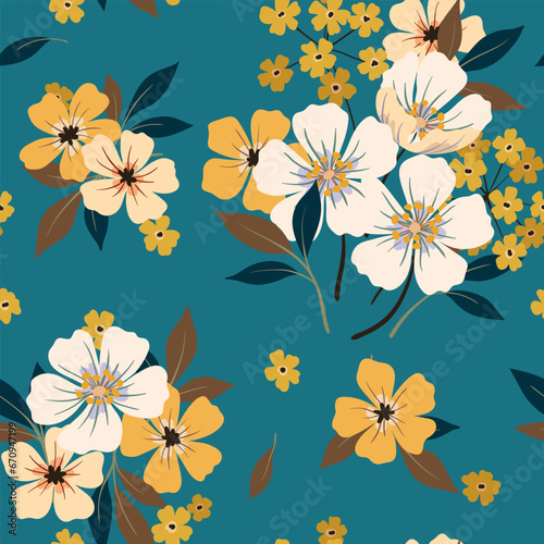 Seamless floral pattern  vintage ditsy print  natural ornament with folk  rustic motif. Botanical design with hand drawn wild plants  small yellow flowers  leaves  bouquet on blue. Vector illustration