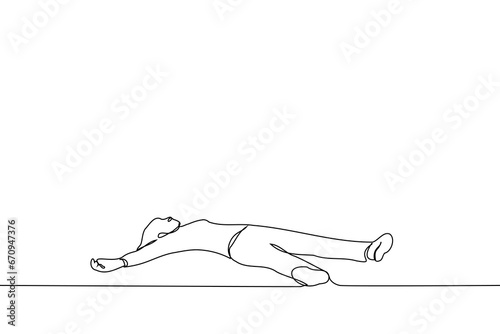 full-length woman lies on her back with her limbs outstretched - one line art vector. concept of lying on the floor, unconscious, tired and exhausted