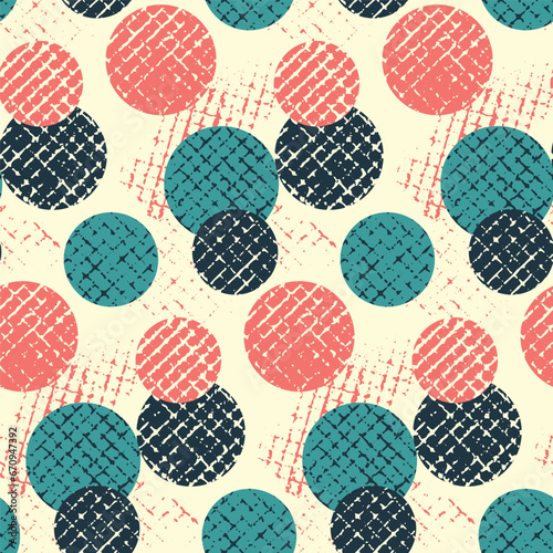 Seamless geometric pattern, simple abstract background with a 90s motif. Graphic surface design, textile print with a composition of circles, paint prints, grid. Vector illustration.