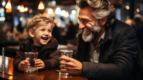 Joyful moment between grandfather and grandson at cafe