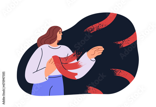 Breaking connections, links, torn detached ties. Person in life crisis, psychology concept. Separation, conflict, broken relationships, split. Flat vector illustration isolated on white background