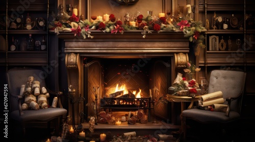 Raise a festive toast by the retro fireplace at the party celebration.