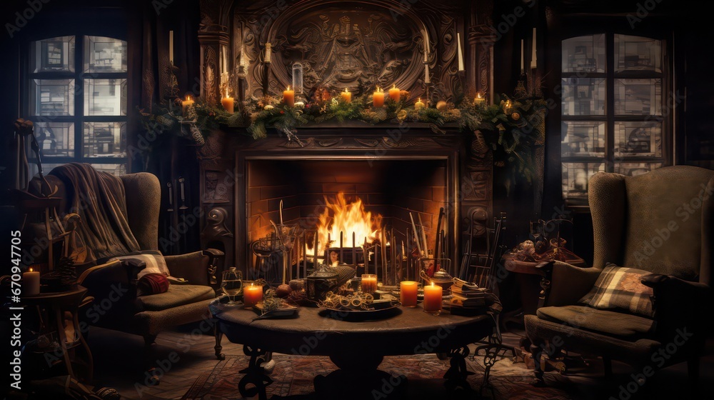 Raise a festive toast by the retro fireplace at the party celebration. Raise a festive toast by the retro fireplace at the party celebration.