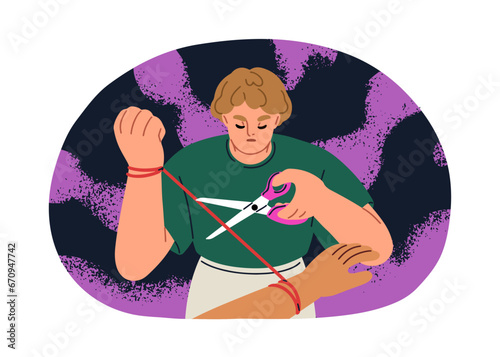 Divorce, love couple breakup concept. Person breaking relationship with ex-valentine, partner. Man cutting rope, string, detaching, releasing. Flat vector illustration isolated on white background