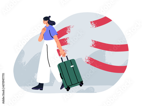 Person moving abroad, leaving, departing to another country. Woman breaking links, connections, ties during movement. Psychology concept. Flat graphic vector illustration isolated on white background