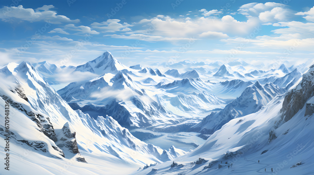 Be captivated by the grandeur of winter with this stunning banner, featuring snow-capped mountain peaks against a clear, blue sky.