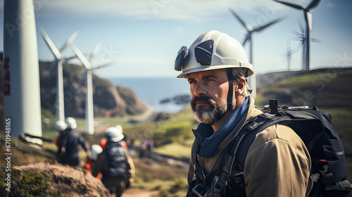 Professional Technician in Installation and Maintenance of Wind Energy Systems in a wind farm with windmills in the background.