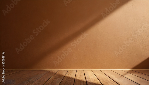 Beautiful space for product presentation /orange wall and wooden floor lighting from side window 