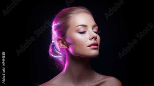 portrait of a woman with luminous skin against a black background, illuminated by anti-age led technology