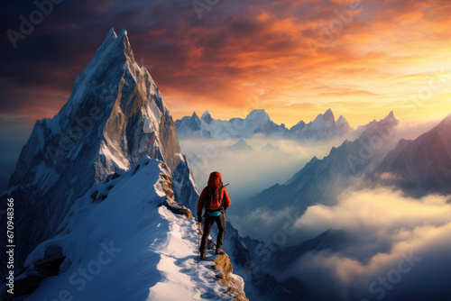 Mountain climber surrounded by epic panoramic, snowcapped peaks