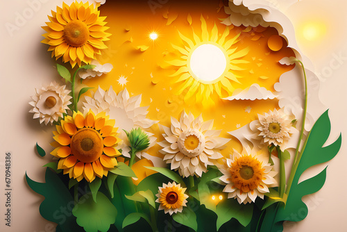 A Summer concept. A Captivating Papercut sunflowers. Sunflower Symphony. Papercut illustration. Generative AI