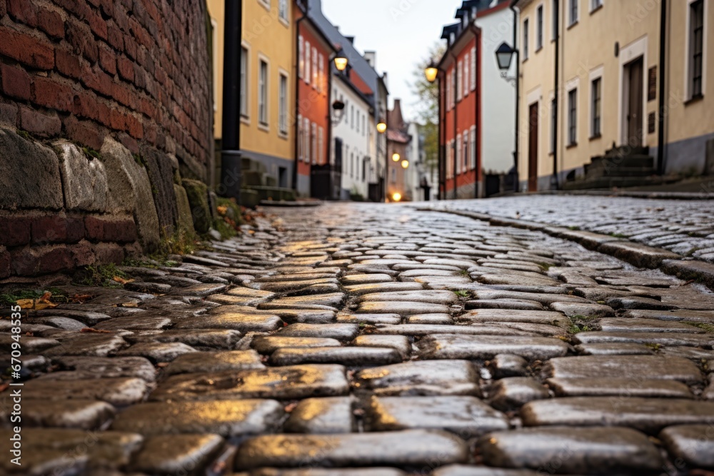 Cobbled Stone Street. An ancient cobbled stone street with a textured surface. - obrazy, fototapety, plakaty 
