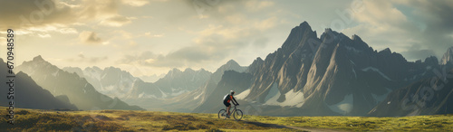 Panoramic banner of mountain biker, travelling through epic mountainous landscape. photo