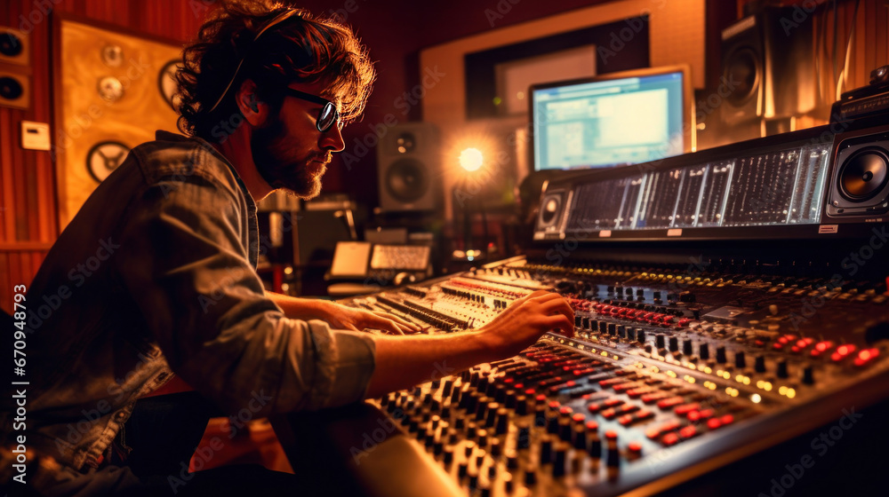 A male audio engineer working in music recording studio.