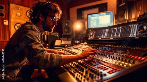 A male audio engineer working in music recording studio.