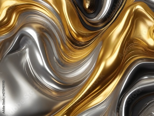 gold and silver liquid ink churning together,  realistic texture in 8k quality. Digital art 3D illustration. Metalic colours.
