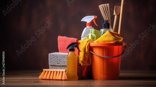 Cleaning equipment, Various household cleaning products in a bucket.