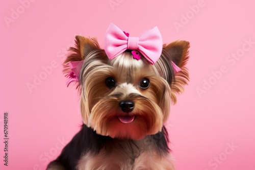 cute yorkshire terrier dog or yorkie puppy with a pink bow on pink background