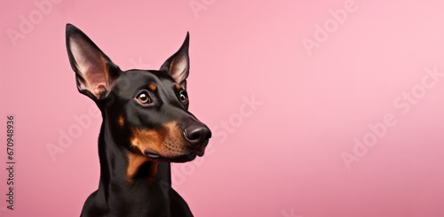black doberman pinscher dog on pink background banner copy space right. Pet products store, vet clinic, grooming salon poster banner. photo
