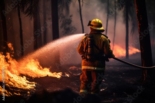 firefighter with extinguisher working at wildfire closeup with fire flames background