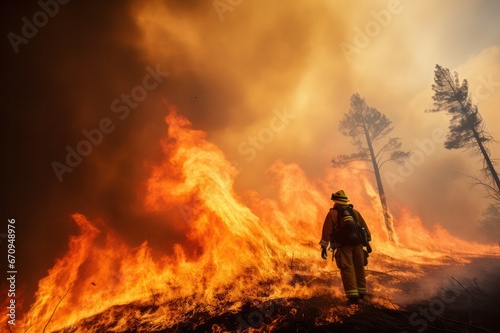 Silhouette of fireman from behind with fire in forest as background. First responders at wildfire in action.  © Dina