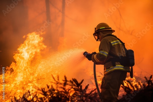 firefighter with extinguisher working at wildfire closeup with fire flames background © Dina