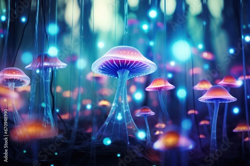 neon futuristic magic mushrooms in the night forest background. Party poster. Mushroom food supplement ad.