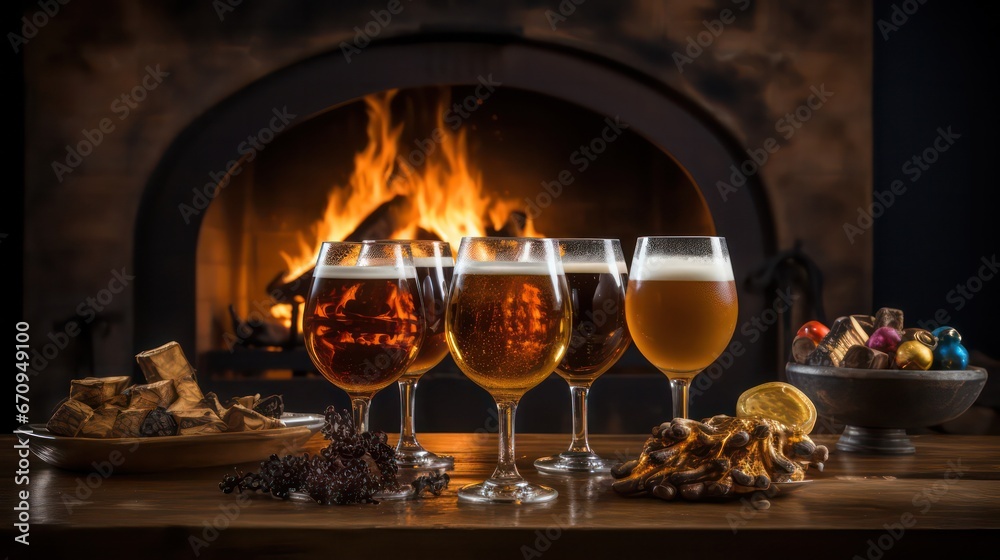Obraz premium Cheers with craft beer by the cozy fireplace, a perfect celebration moment.