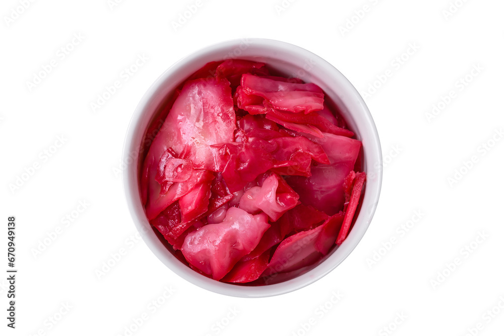 Fototapeta premium Delicious spicy pink cabbage sliced and cooked in Korean style on a ceramic plate