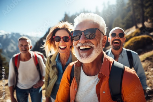 group of happy senior tourists in sunglasses traveling and hiking in the mountains. Active lifestyle of elderly retired people.
