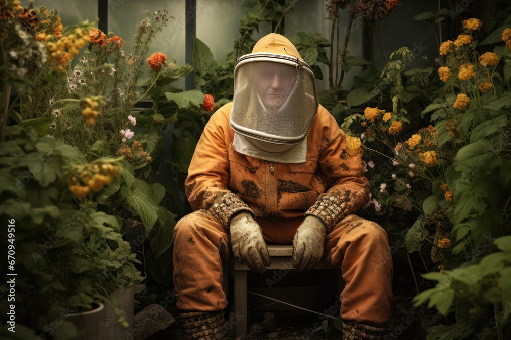 Senior man or grandfather doing backyard beekeeping hobby in the garden. Honey production. Man-made beehive Senior man or grandfather doing backyard beekeeping hobby in the garden. Honey production. Man-made beehive