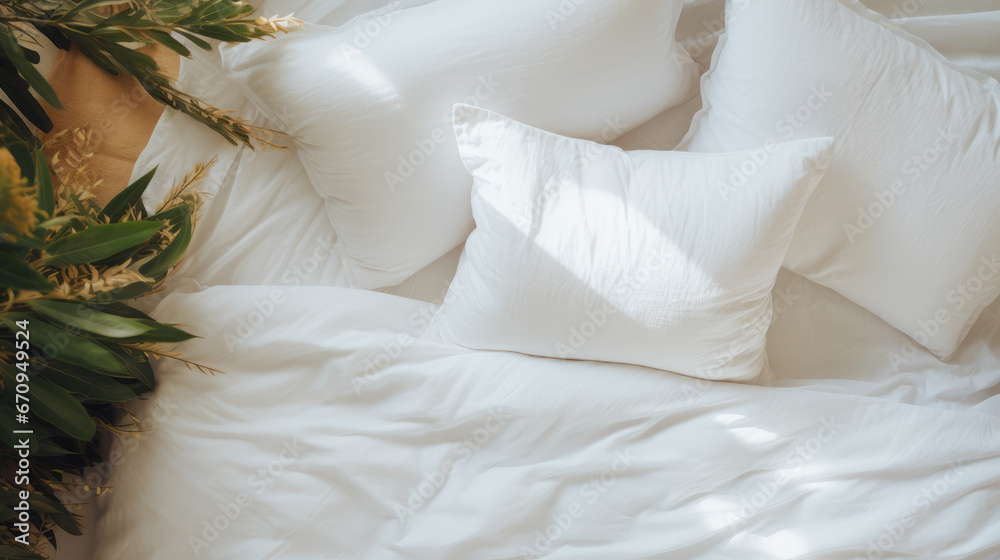 White bedding sheets and pillow background, Messy bed concept - obrazy, fototapety, plakaty 