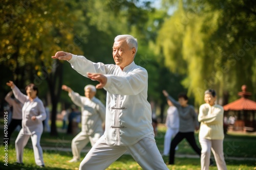 senior asian people practicing at tai chi class in the park