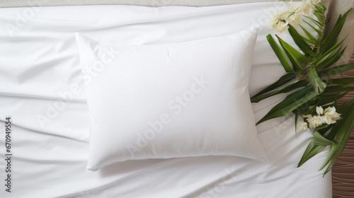 White bedding sheets and pillow background, Messy bed concept photo