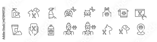 Pet grooming salon. Taking care of cats and dogs. Veterinarian services. Pixel perfect, editable stroke icon