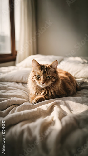 Beautiful furry cat lying on a bed with light beige linen sheets. Warm and cozy minimal bedroom concept with copy space.