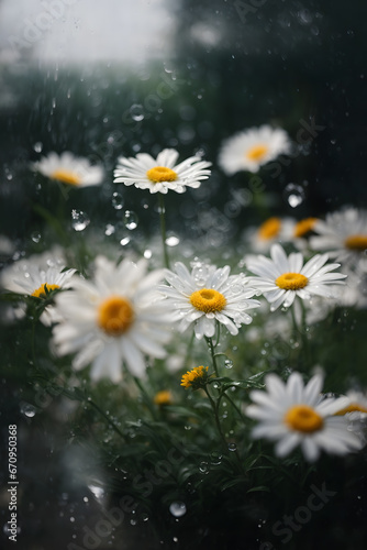 Fresh and wet chamomile flower during rainy day. White daisies with water drops. Moody nature concept with creative copy space.