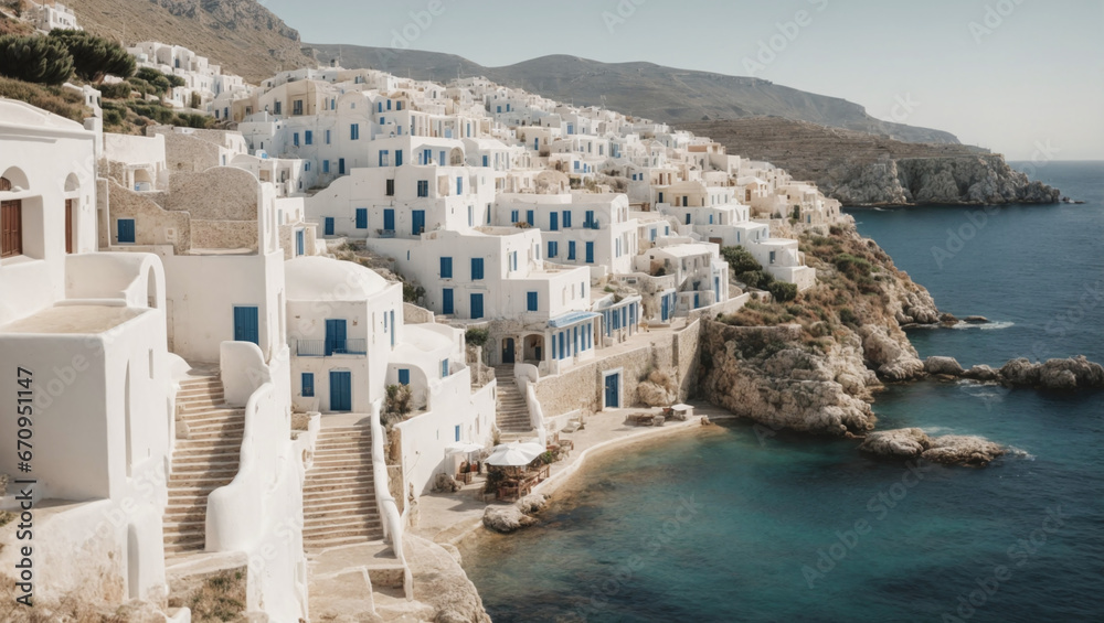 A Greek coastal city with white-washed buildings.