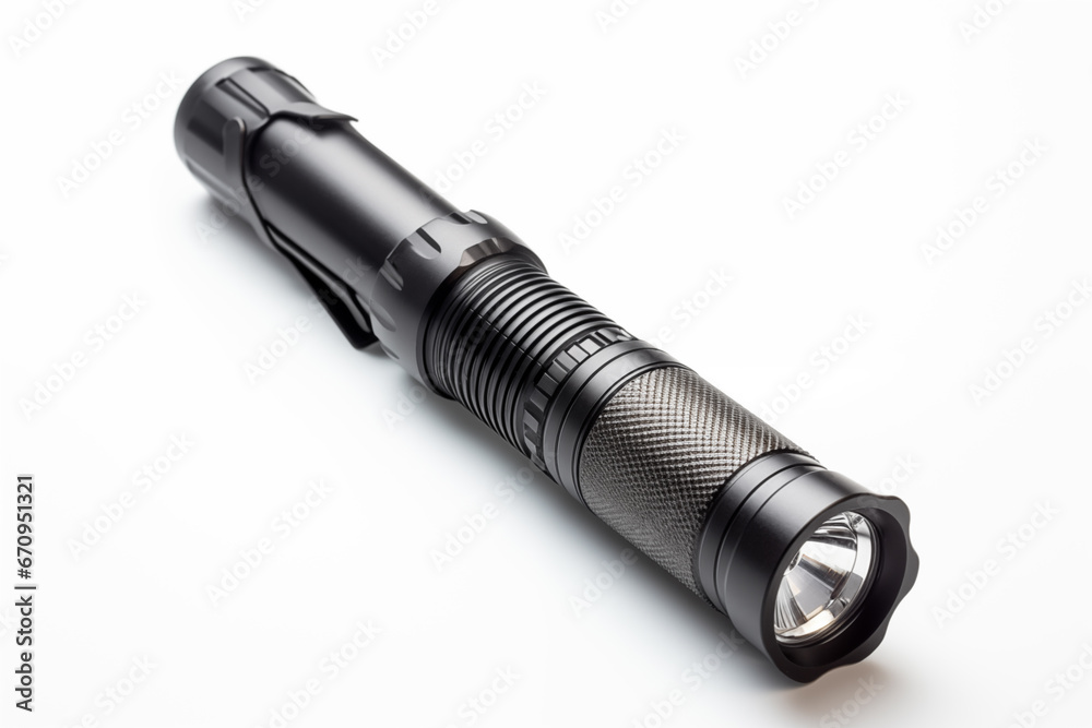 A black flashlight on a white background. A black flashlight on a white background.