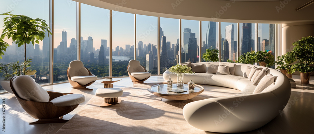 Fototapeta premium Modern luxury residence interior with panoramic view, modern living room