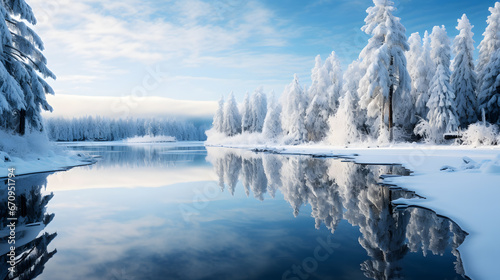 A frozen lake mirrors the mesmerizing wintry landscape, creating an epic and highly detailed background that immerses you in the season's breathtaking beauty. © CanvasPixelDreams
