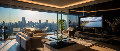 Modern luxury residence interior with panoramic view, lounge chairs at sunset © Alex