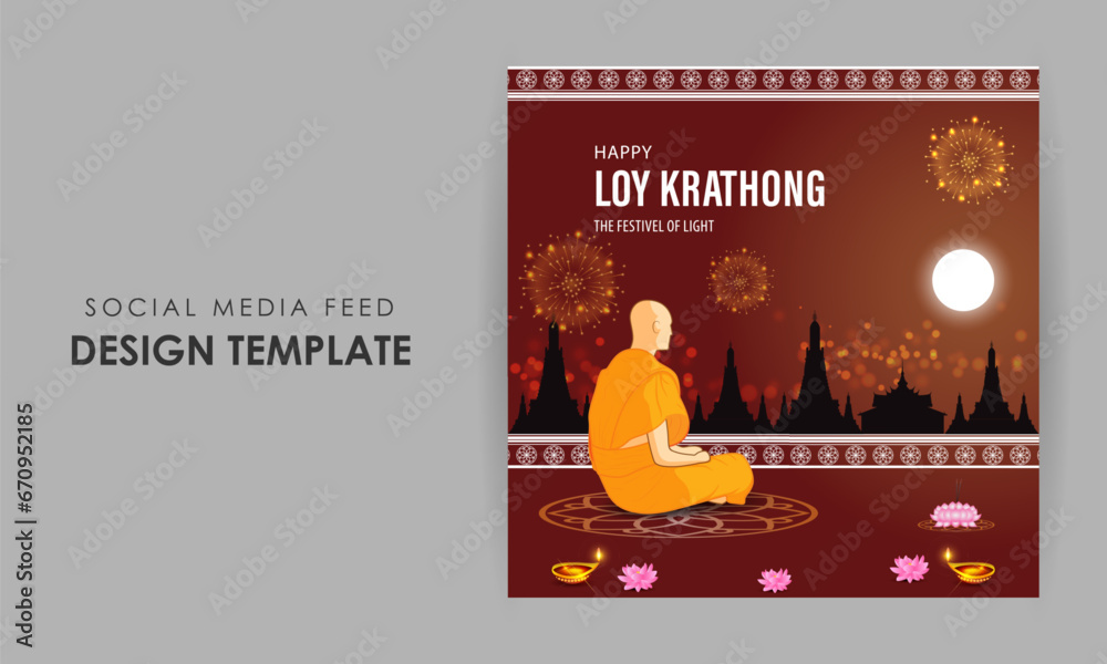 Vector illustration of Happy Loy Krathong social media feed template