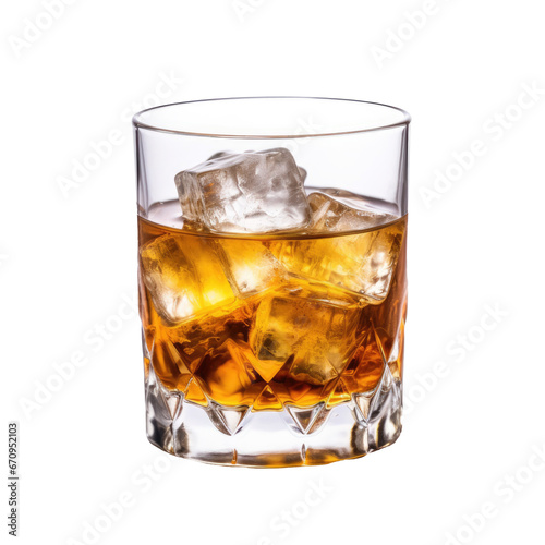 Whiskey with ice on isolated background. Design element for menu and bar card. AI