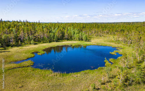 Blue lake surrounded by forest in sweden during summer with blue sky
